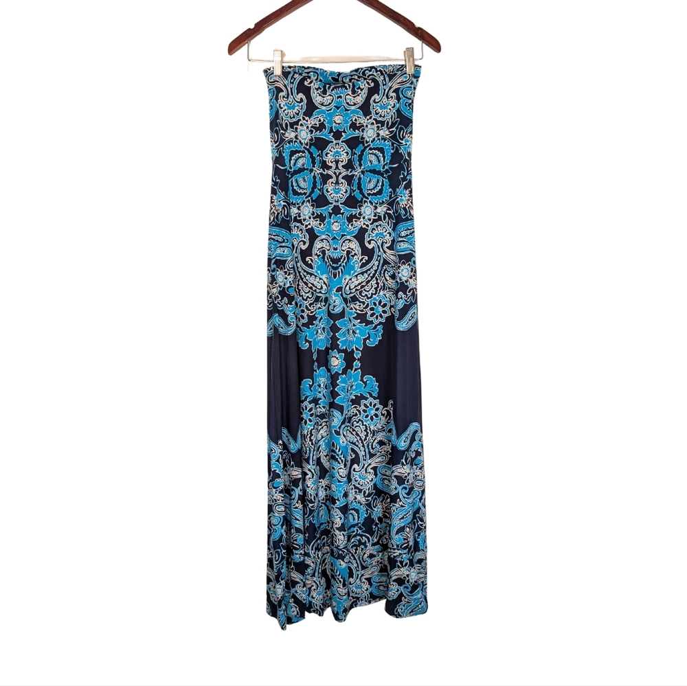 INC International Concepts Maxi Dress XS Blue Paisley Tube Top Flowy
